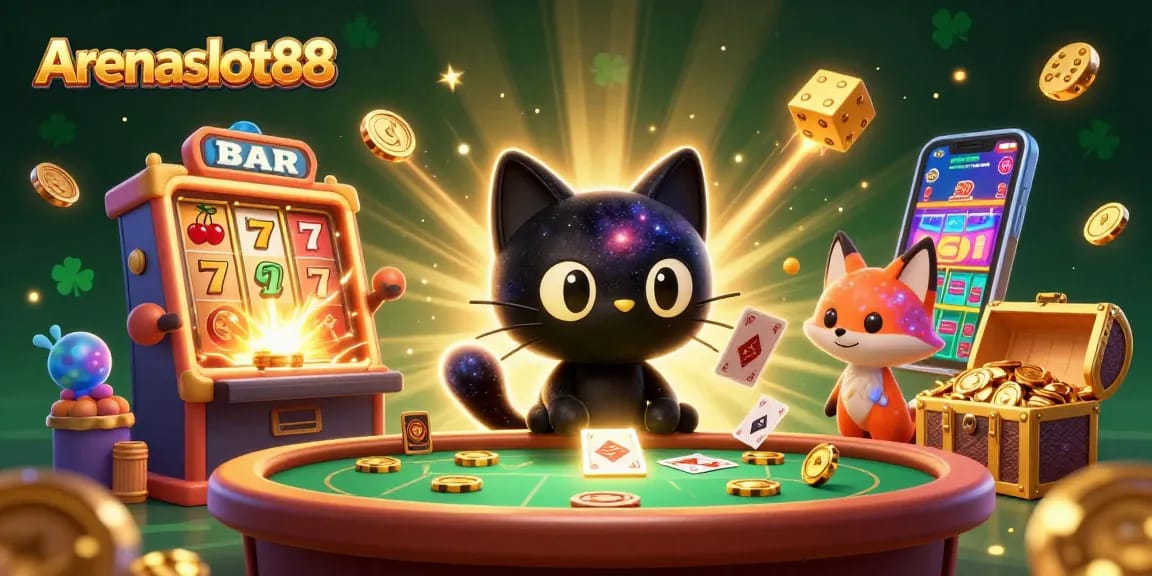 Arenaslot88 menarik perhatian dengan ilustrasi kasino yang menampilkan kucing dan rubah dalam suasana menawan.