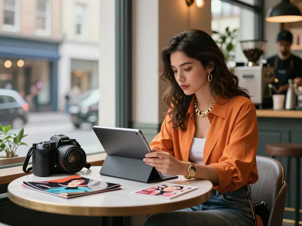 Stylish young woman exploring trendy 레플리카 사이트 fashion in a modern café.