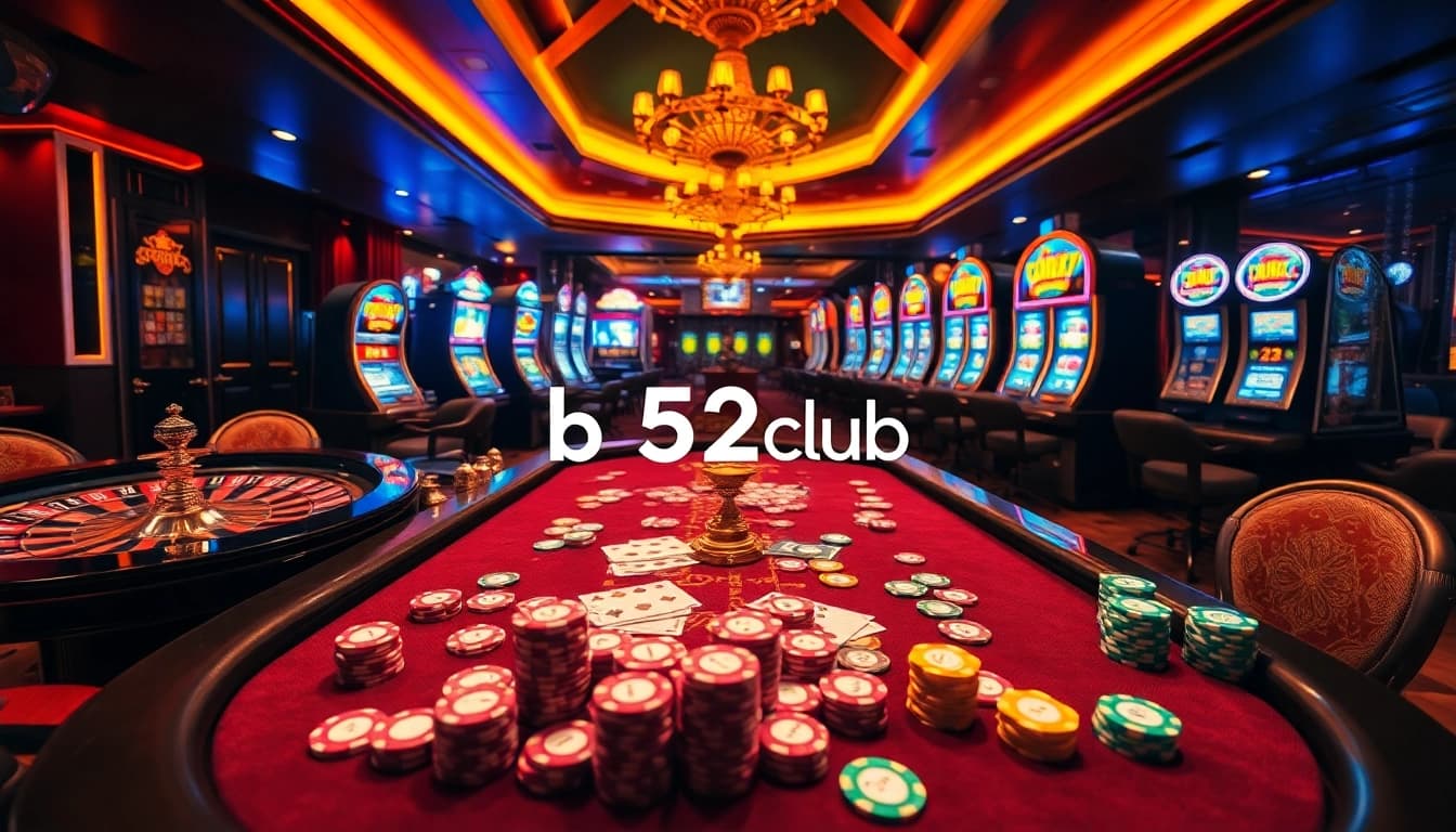 Gamblers enjoying thrilling games at the b52club casino table with vibrant chips and cards.