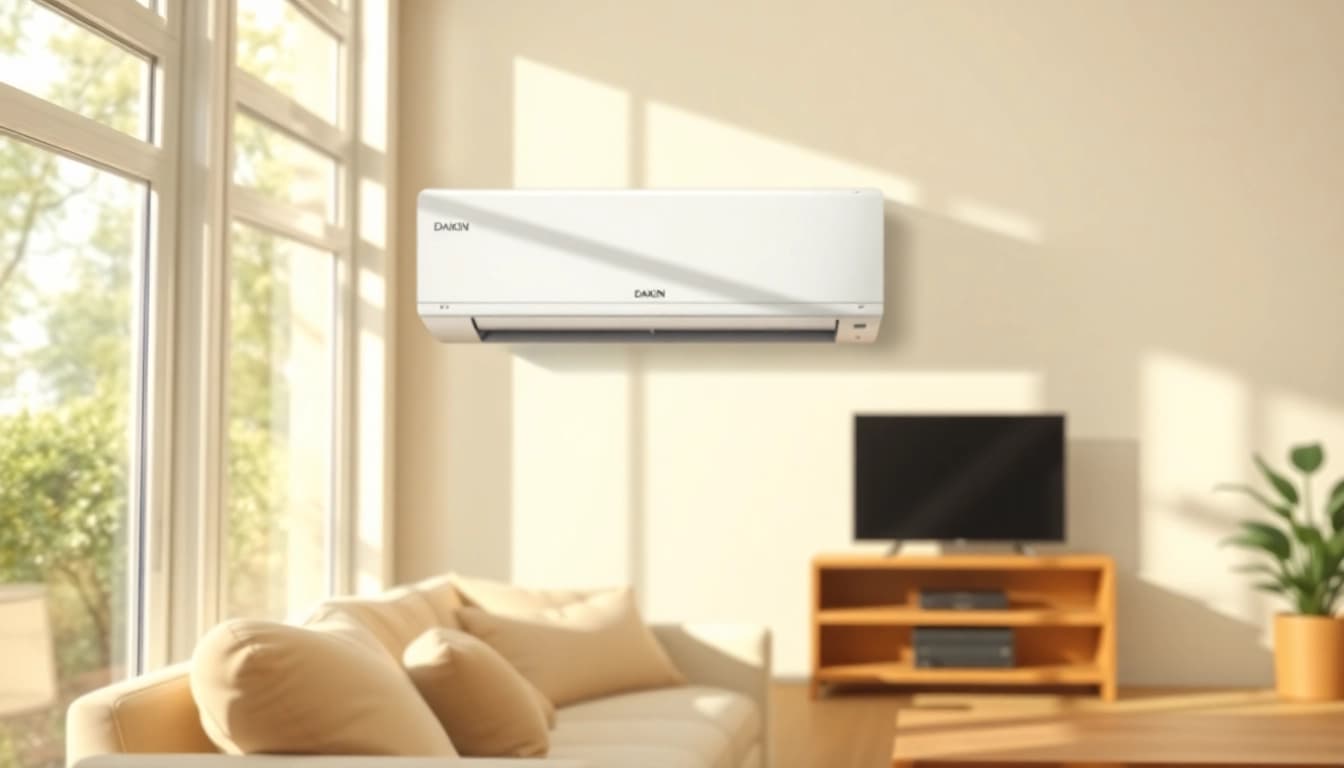 Installing a Daikin mini split AC unit in a stylish living room for optimal comfort.