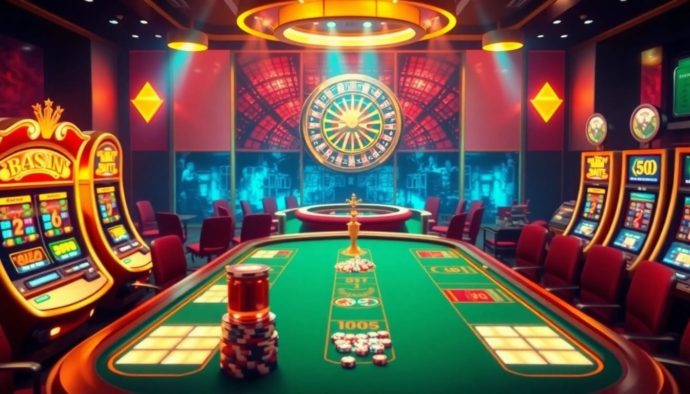 Ambiance de jeu excitante dans un casino en ligne avec des machines à sous et des tables de poker.