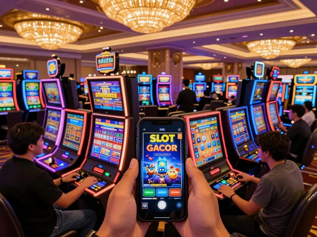 Experience slot gacor gampang menang with vibrant casino atmosphere, players eagerly engaging with dynamic slot machines.