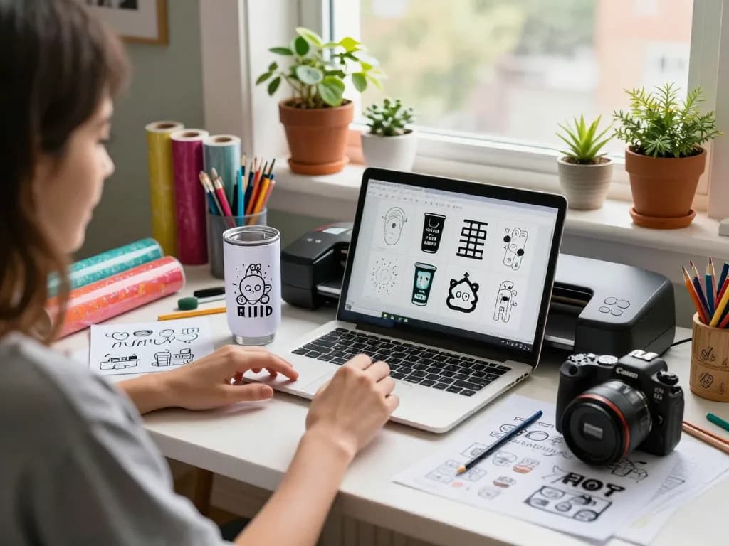 Designer creating unique tumbler designs with svg files in a cozy workspace.
