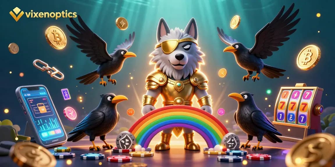 Immerse in vixenoptics' vibrant casino scene featuring Odin and ravens amidst shimmering slot reels and cryptocurrency elements.
