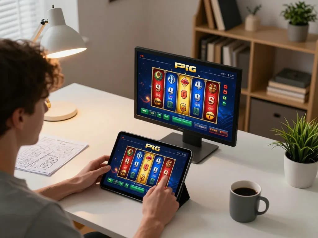 Playing demo slot pg on a tablet at home, with strategic notes and vibrant game graphics.