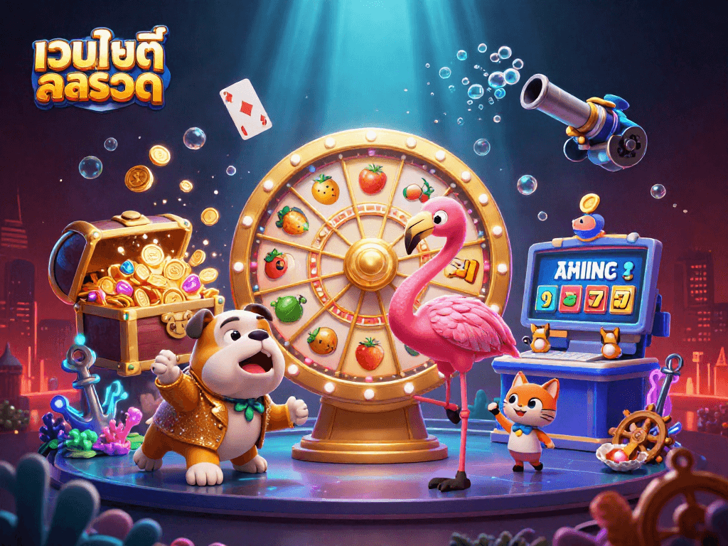 Engage with exciting เว็บไซต์สล็อต action featuring a dynamic game show scene with a flamingo host, bulldog contestant, and prizes.