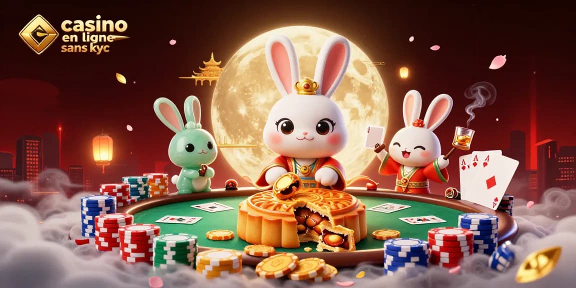 Jouez à des jeux de casino en ligne sans KYC avec un lapin lunaire entouré de jetons et de jeux.