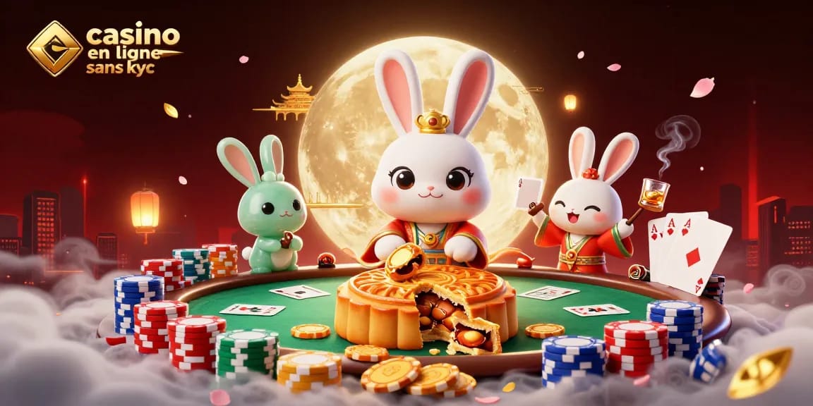 Jouez à des jeux de casino en ligne sans KYC avec un lapin lunaire entouré de jetons et de jeux.
