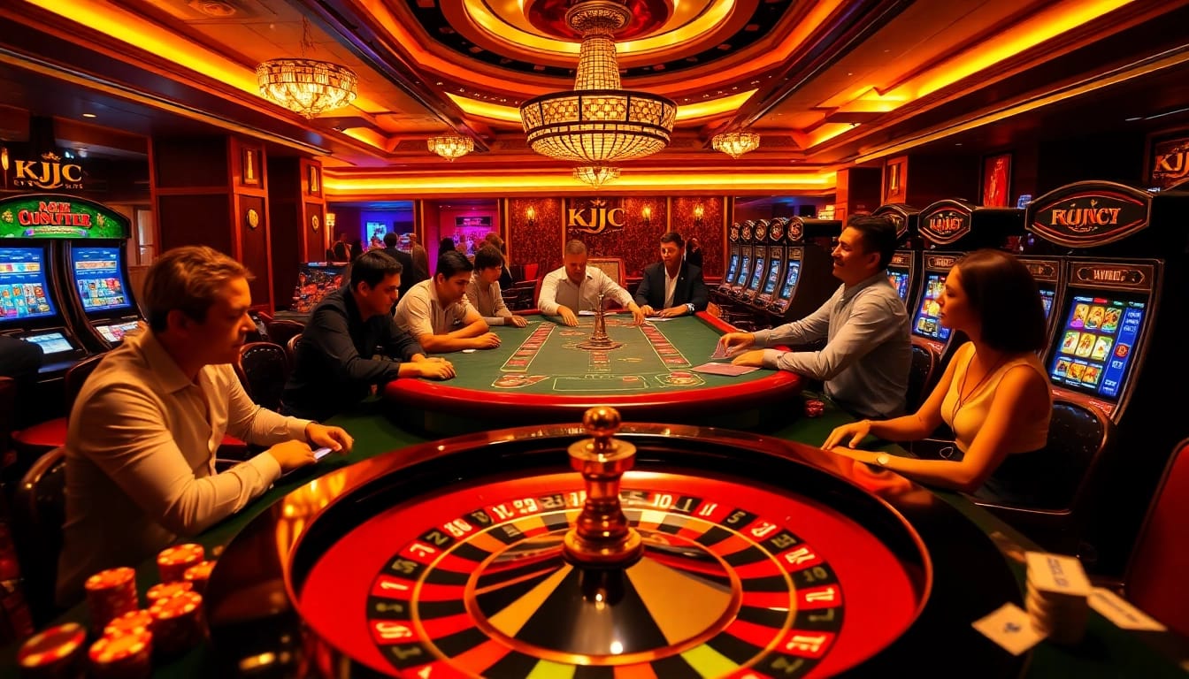 KJC poker players engaging intensely at a beautiful casino table with vibrant lighting.