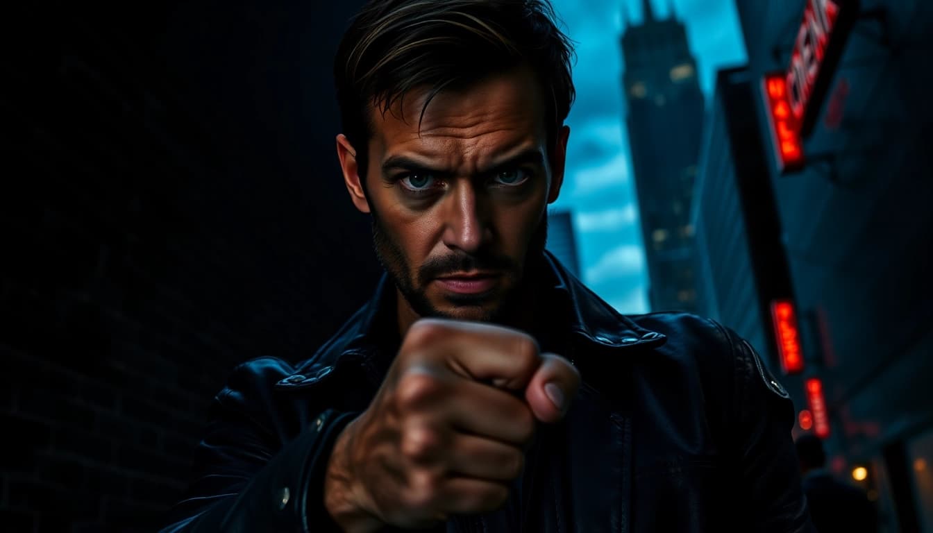 Protagonist similar to Jack Reacher series standing in an urban setting with a tense atmosphere.