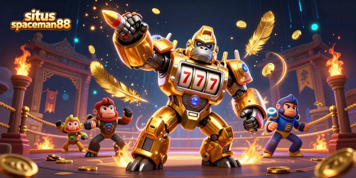 Experience thrilling gameplay with situs spaceman88's dynamic golden gorilla mech amidst vibrant casino elements.