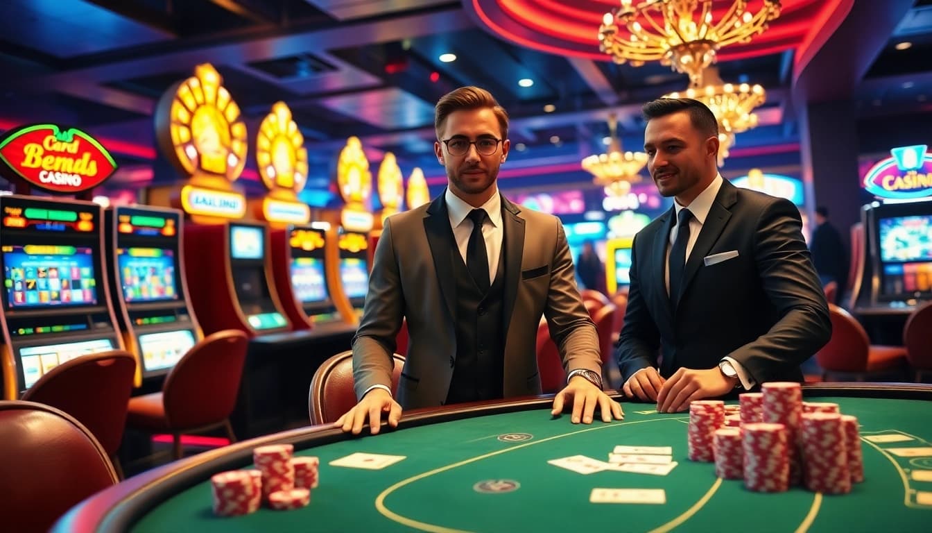 Login to exciting casino games with professional gamblers enjoying poker and slot machines.