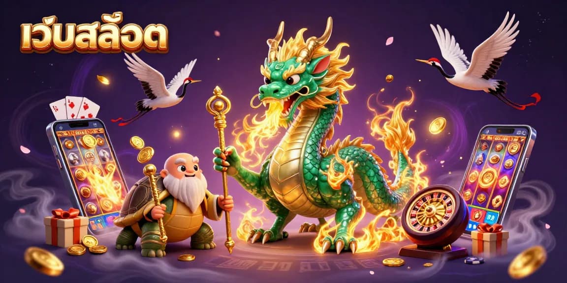 Engage in thrilling เว็บสล็อต experiences with a vibrant 3D illustration of a dragon, sage, and lucky cranes.