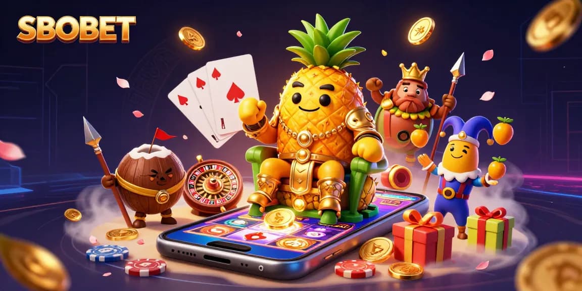 SBOBET invites players to win big with vibrant casino action featuring a golden pineapple king and exciting slot games.