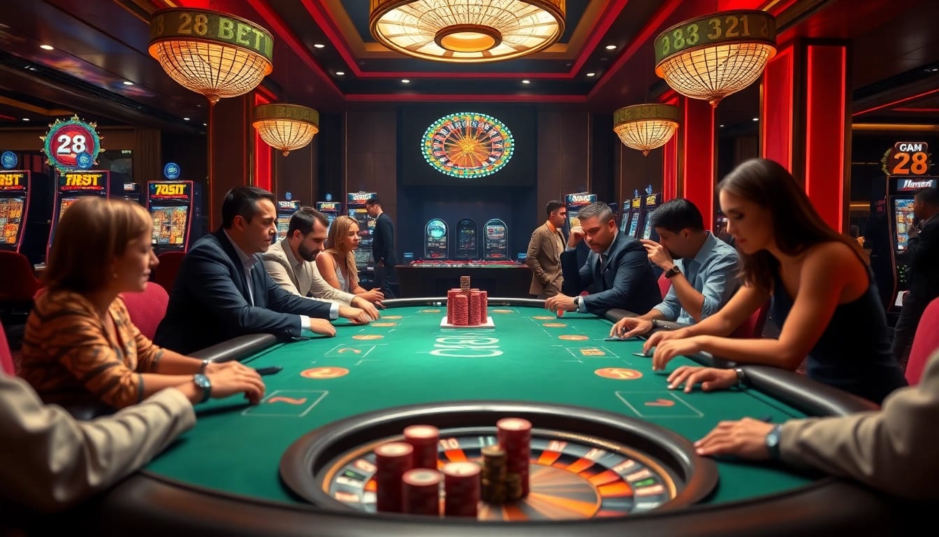 Engaging poker players at 28 BET's luxurious casino tables, showcasing excitement and strategy.