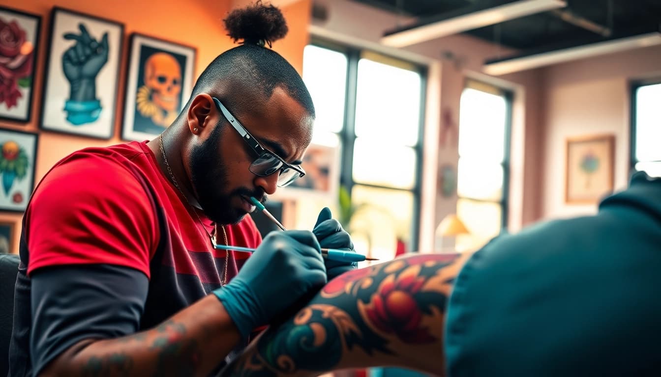 Capture the artistry at entrelagostattooartgallery.com with a vibrant tattoo session in progress.