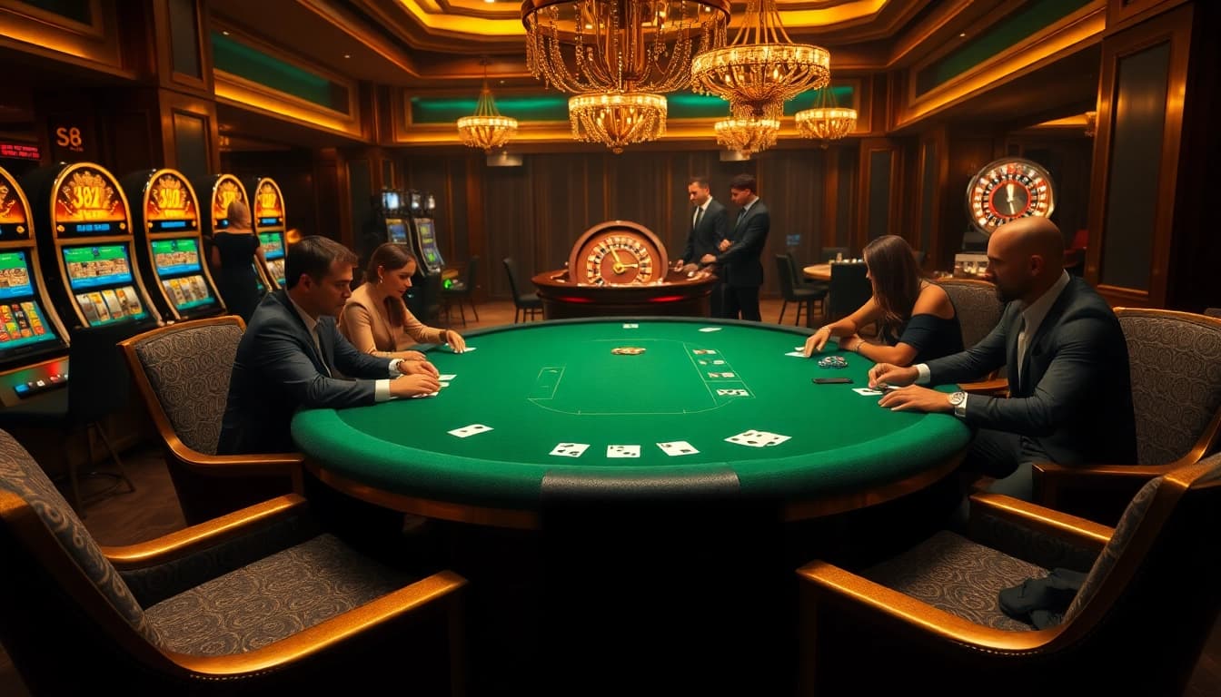 S8 poker table action with excited players and luxurious casino elements in an elegant setting.