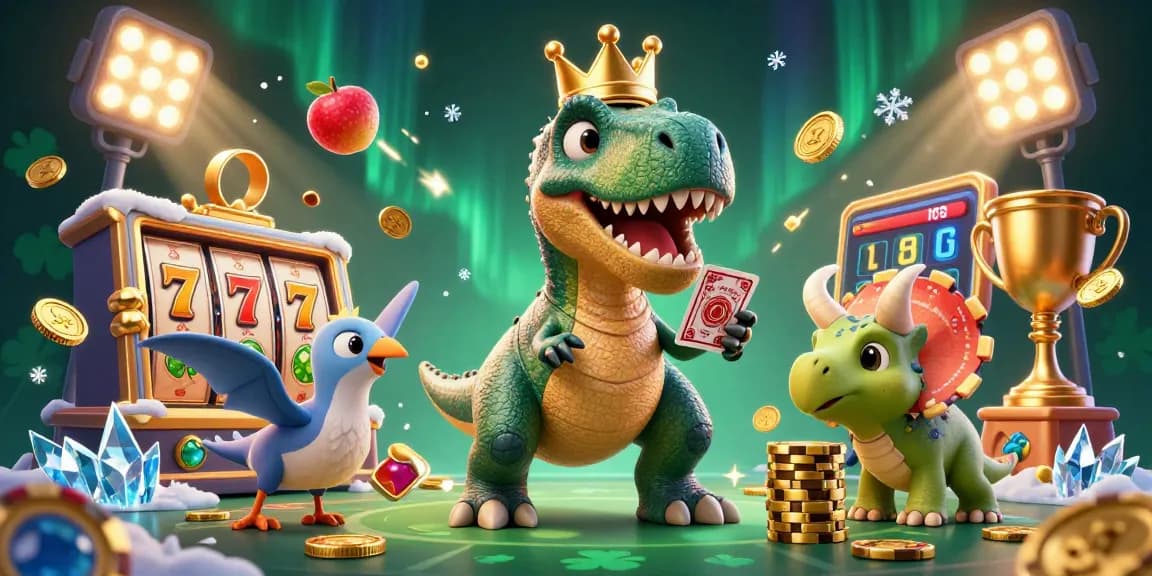 CICAKWIN showcases a vibrant 3D casino scene with a T-Rex shuffling cards and a baby triceratops stacking chips.