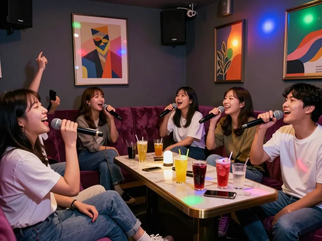 부평쓰리노에서 친구들과 함께 즐거운 노래방 세션을 즐기며 활기찬 분위기와 현대적인 인테리어를 선보이는 모습.