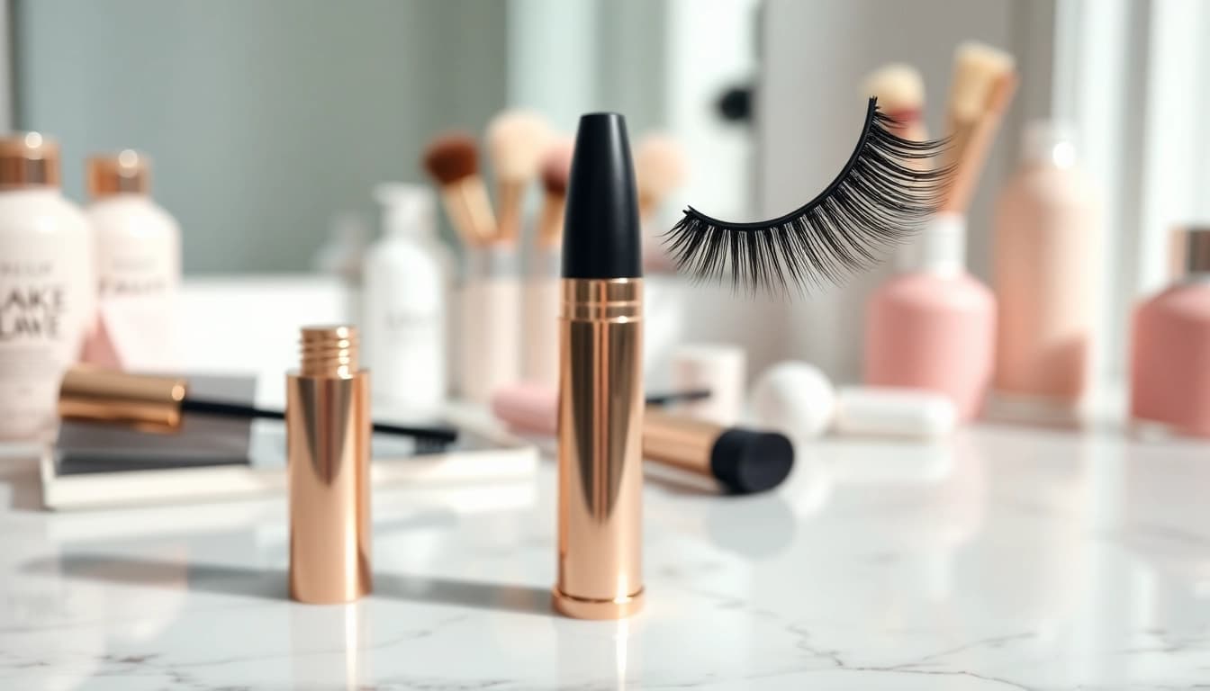 Apply luxe waterproof mascara for stunning, long-lasting lashes in a stylish beauty setting.