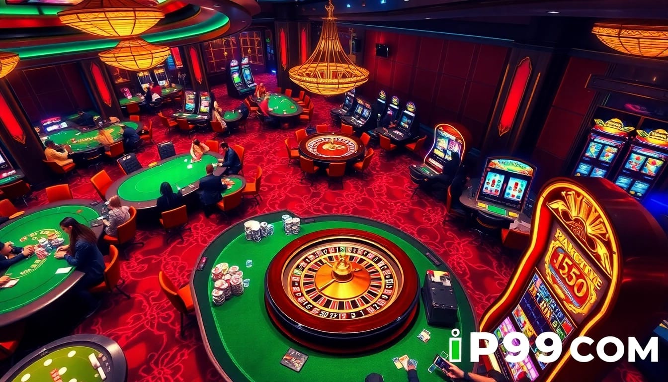 Players enjoying a thrilling game at PS99 COM casino, featuring poker tables and vibrant slot machines.
