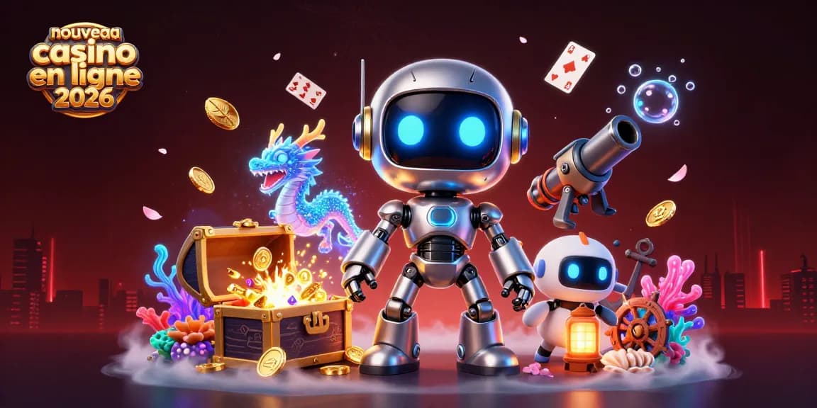 Découvrez le nouveau casino en ligne 2026 avec un robot futuriste, un dragon holographique et des éléments riches.