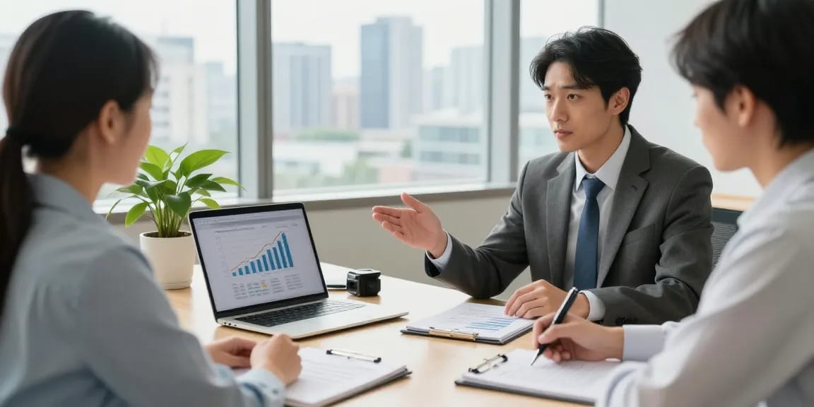개인회생 상담 중인 금융 전문가와 고객, 현대적인 사무실 환경에서 진행