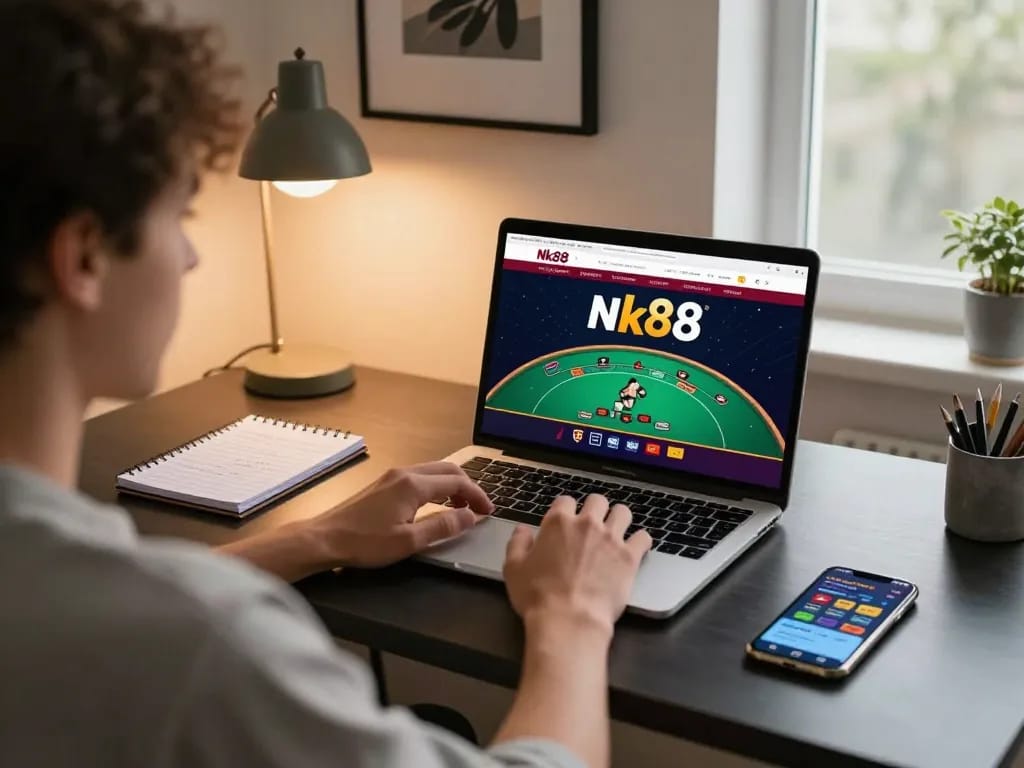 Player engaging in live dealer blackjack on Nk88 online casino platform in a stylish home office