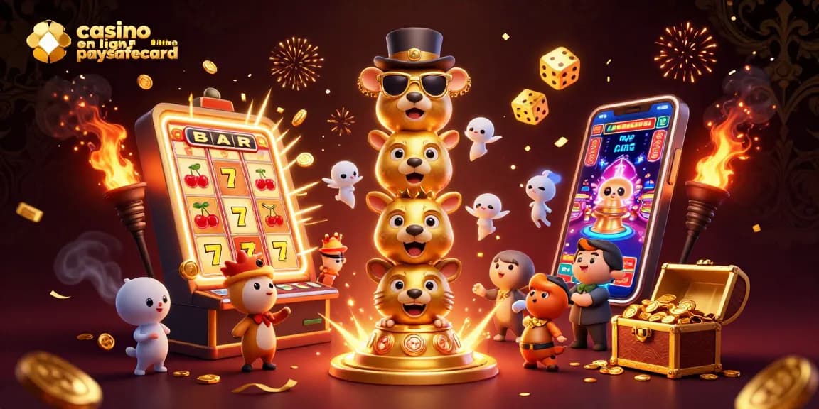 Gagnez avec casino en ligne paysafecard grâce à une illustration colorée présentant des éléments de jeu.