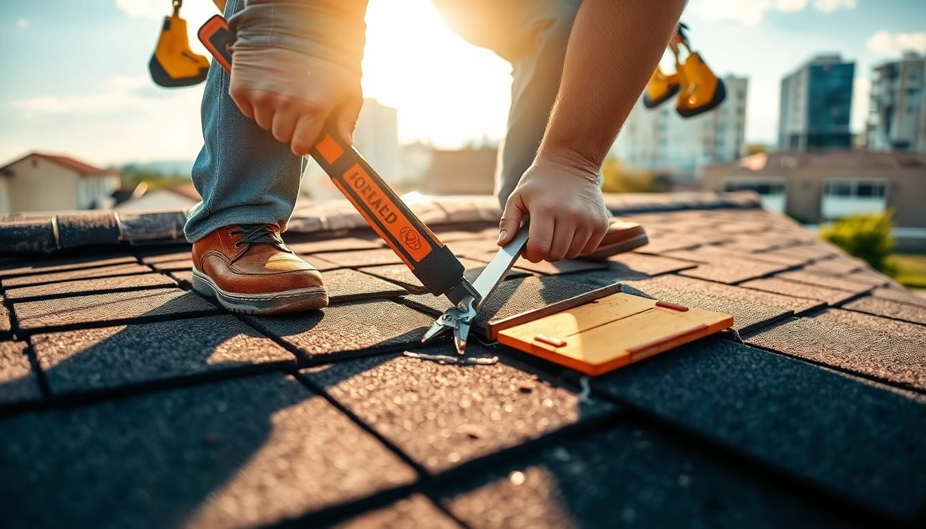 Roof repair expert assessing damage with tools, showcasing meticulous restoration.
