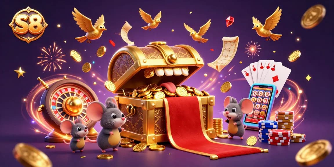 Experience thrilling gaming at S8, showcasing dazzling treasures and interactive casino elements.