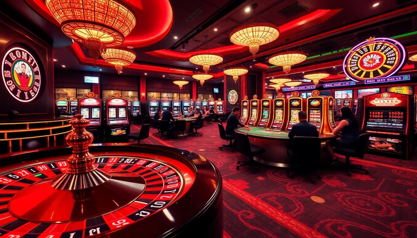U888 players engaging with vibrant roulette and poker games in a lively casino.