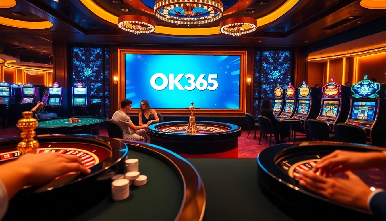 Excited gamblers experiencing online action with OK365 at a luxurious casino setup.