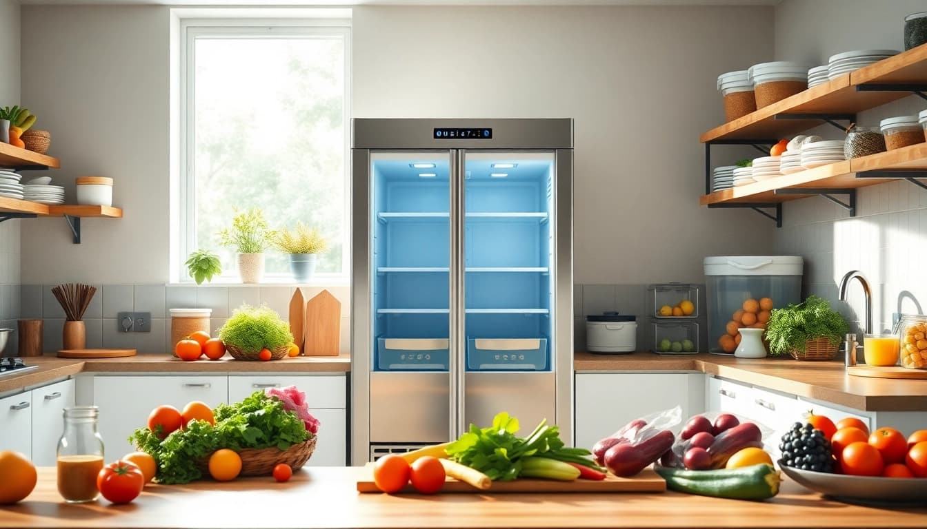 Showcasing a sleek modern Freezer filled with fresh foods in a bright kitchen.