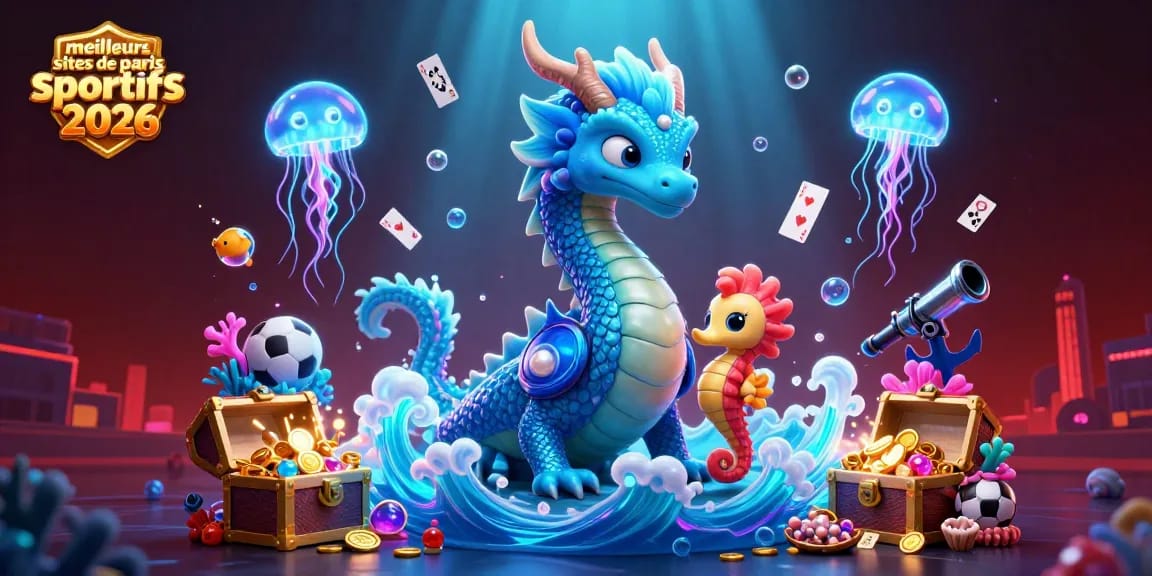 Illustration des meilleurs sites de paris sportifs 2026 avec un dragon aquatique et des éléments de jeu dynamique.