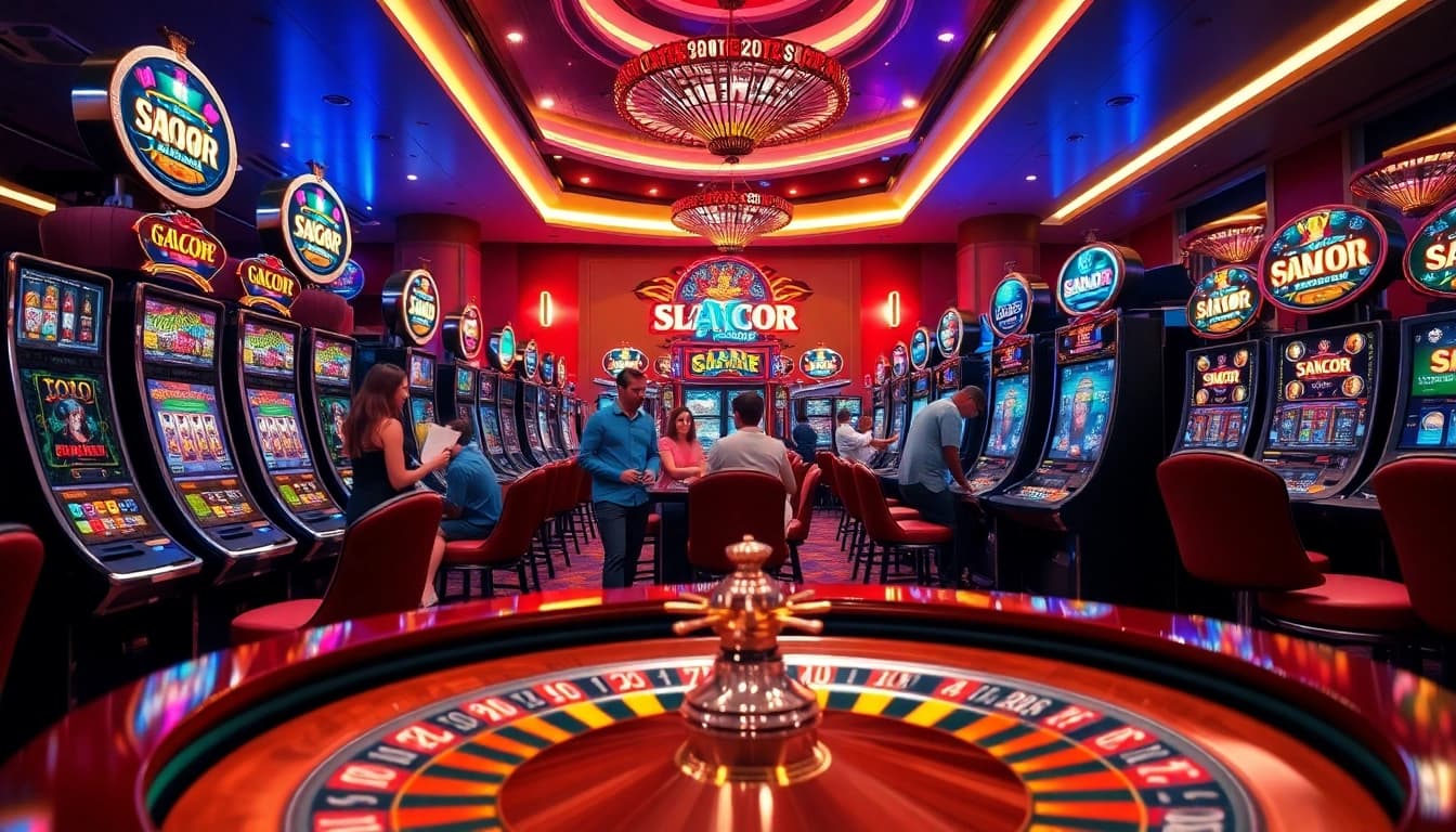 Experience the excitement of SLOT GACOR at a luxurious casino with vibrant slot machines and eager players.