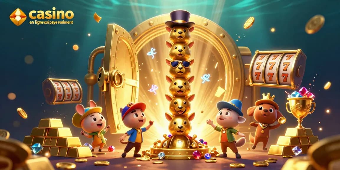 Animation dynamique d'un totem en or, représentant des animaux en accessoires de casino, avec des éléments de jeux de casino, pour le casino en ligne qui paye vraiment.