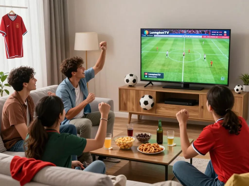 Engaged viewers enjoying LuongSonTV football streaming in a vibrant living room.