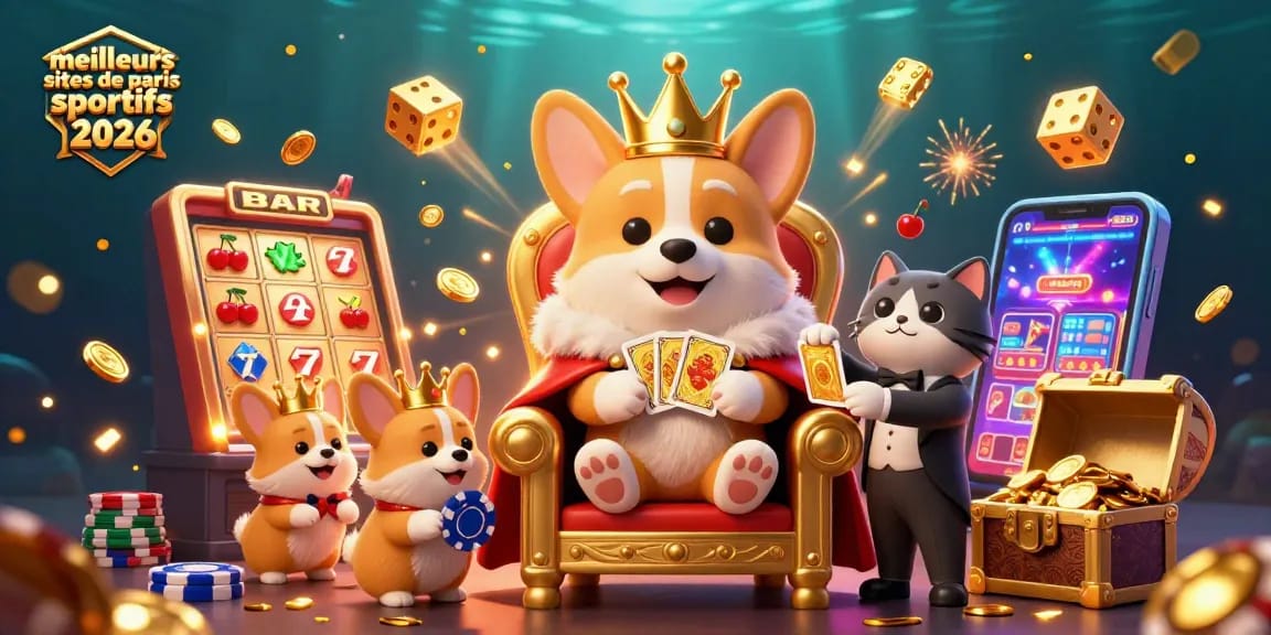La scène dynamique présente les meilleurs sites de paris sportifs 2026 avec un corgi royal sur un trône de jetons.