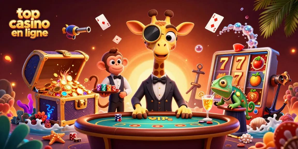 Vivez l'excitation des jeux avec le top casino en ligne guidé par une girafe en costume et un singe valet.
