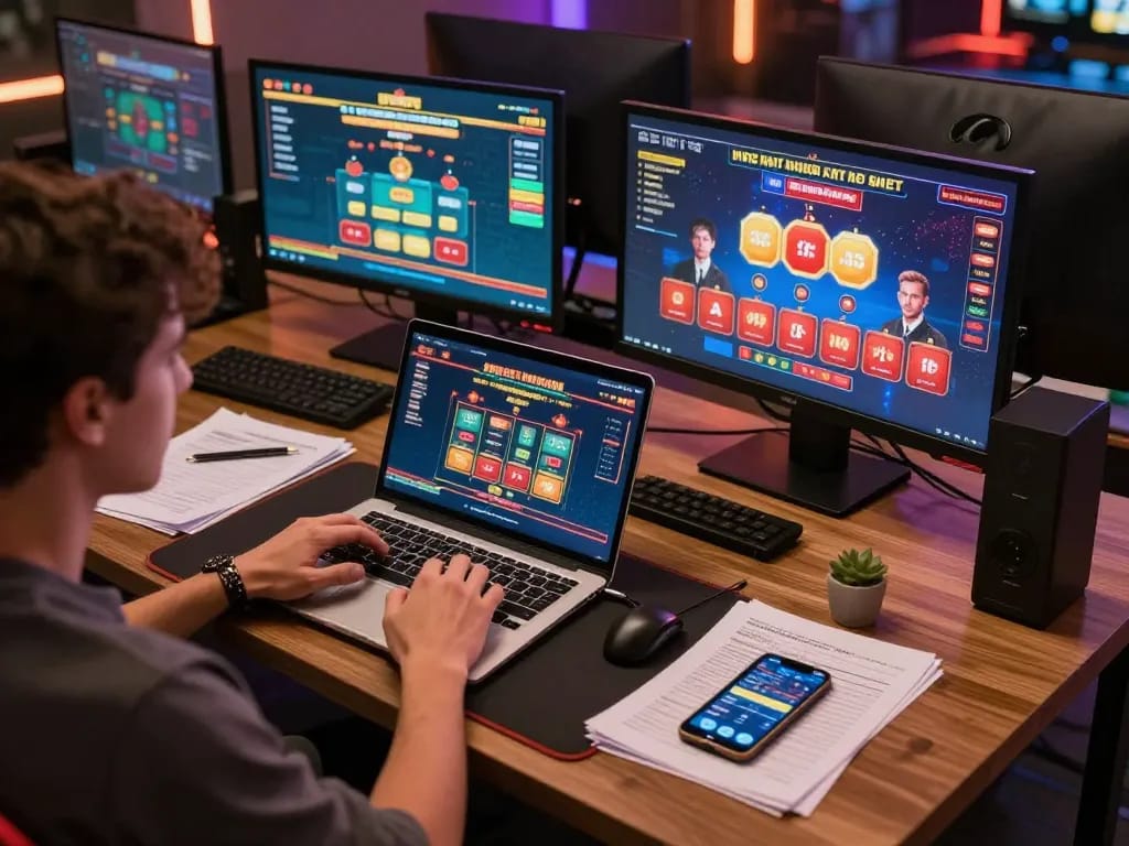 Player strategizing and engaging with casino games at https://vn789.xyz/ on a modern laptop setup, showcasing an immersive online gambling experience.