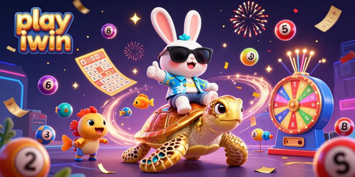 Play iwin to win exciting prizes with animated lucky rabbit and golden turtle in a vibrant casino scene.