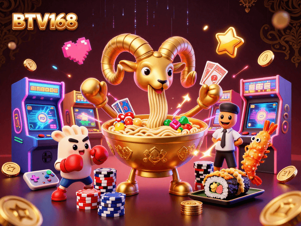 Join in the excitement with BTV168's colorful casino-themed digital illustration featuring lively characters.