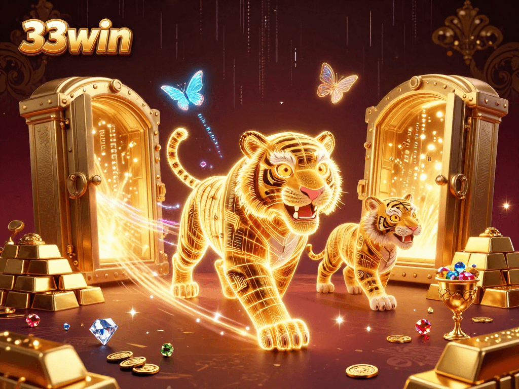 Experience the thrill of 33win in a vibrant digital casino with a luminous tiger and treasures.