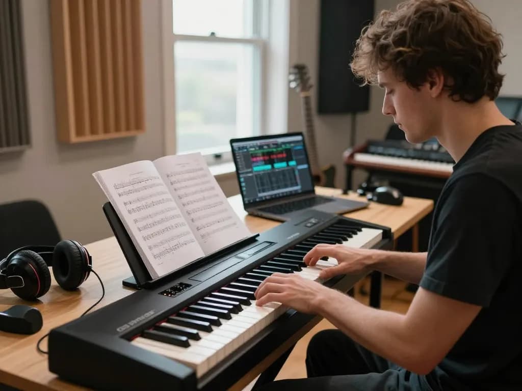 Musician playing the Roland GO 88 piano in a bright studio, focusing on creativity.