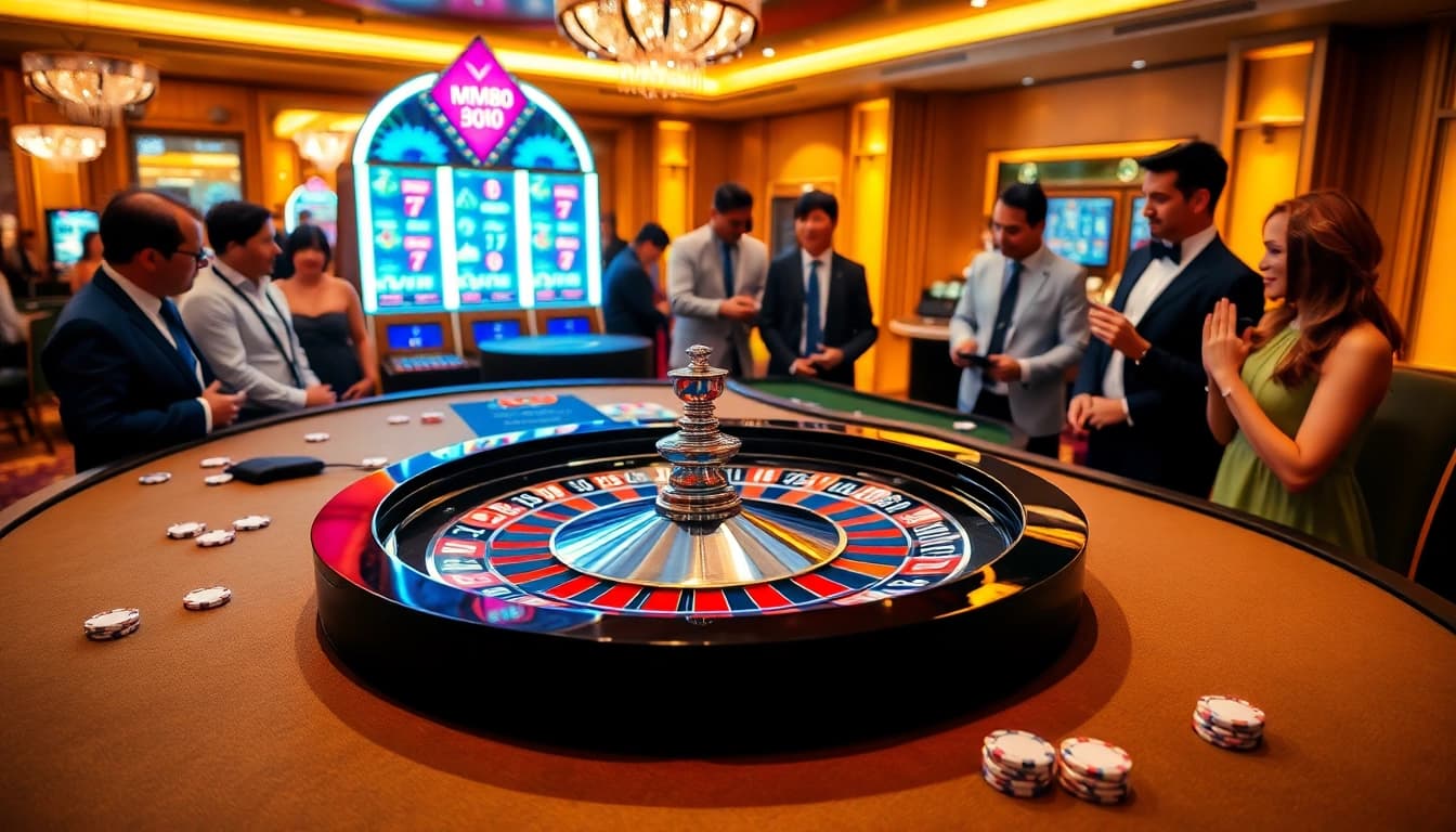 Experience the thrill of MM88 gambling with players at a vibrant roulette table.