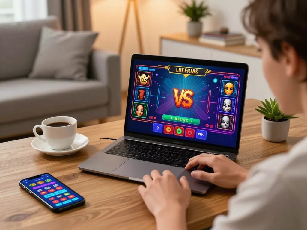 Player enjoying online kkwin casino game on laptop in a cozy home setting