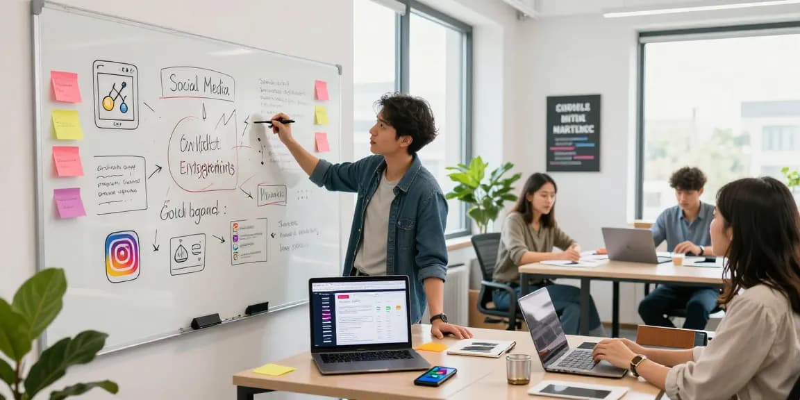 Buy Instagram post likes to enhance engagement, featuring a young content creator brainstorming strategies in a vibrant office.