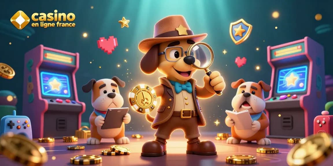 Explorez le casino en ligne France grâce à un détective et son compagnon découvrant des indices enjoués au milieu d'un casino animé.