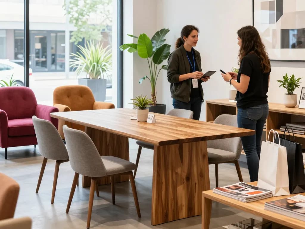 Shoppers engaging with stylish home decor and furniture at a retail store article showcasing modern design.